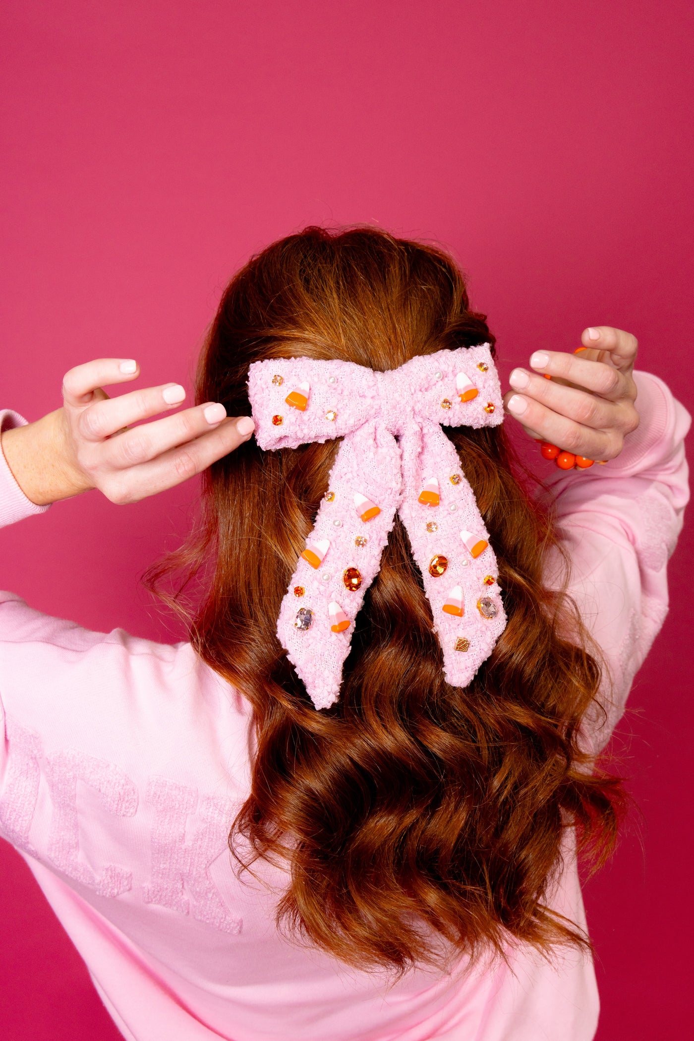 Pink Candy Corn Bow Barrette With Crystals