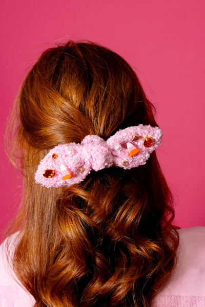 Pink Candy Corn Bow Scrunchie With Crystals