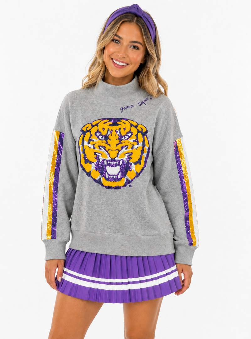 LSU Mock Neck Sequin Stripe Sweatshirt PRE-ORDER (Est. Ship 7/15)