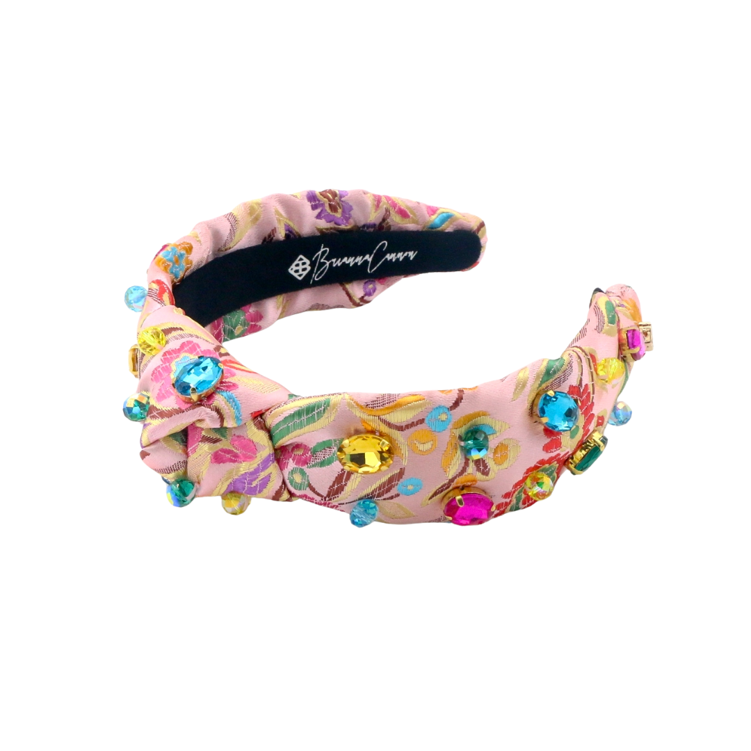 Child Size Colorful Floral Brocade Headband with Multicolor Crystals