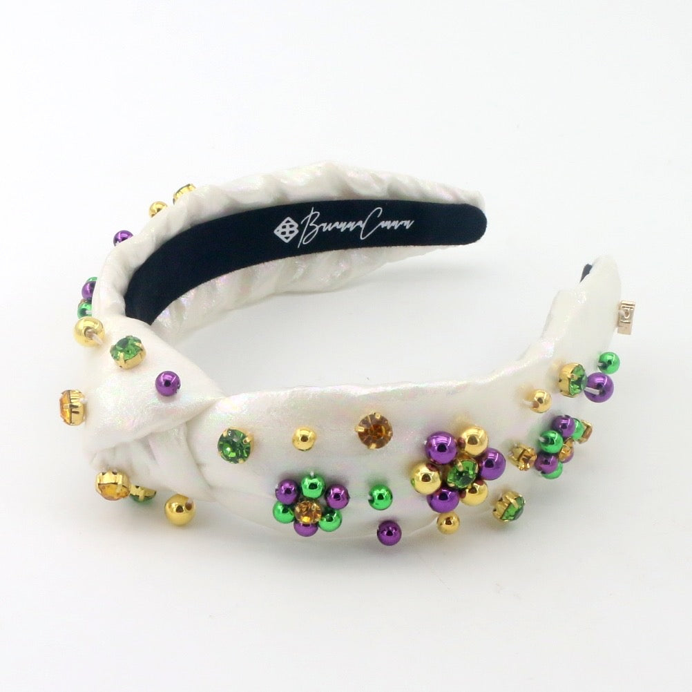 Adult Size White Shimmer Mardi Gras Headband with Beads & Crystals