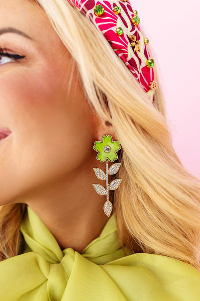 Green Flower Earrings With Crystal Stem