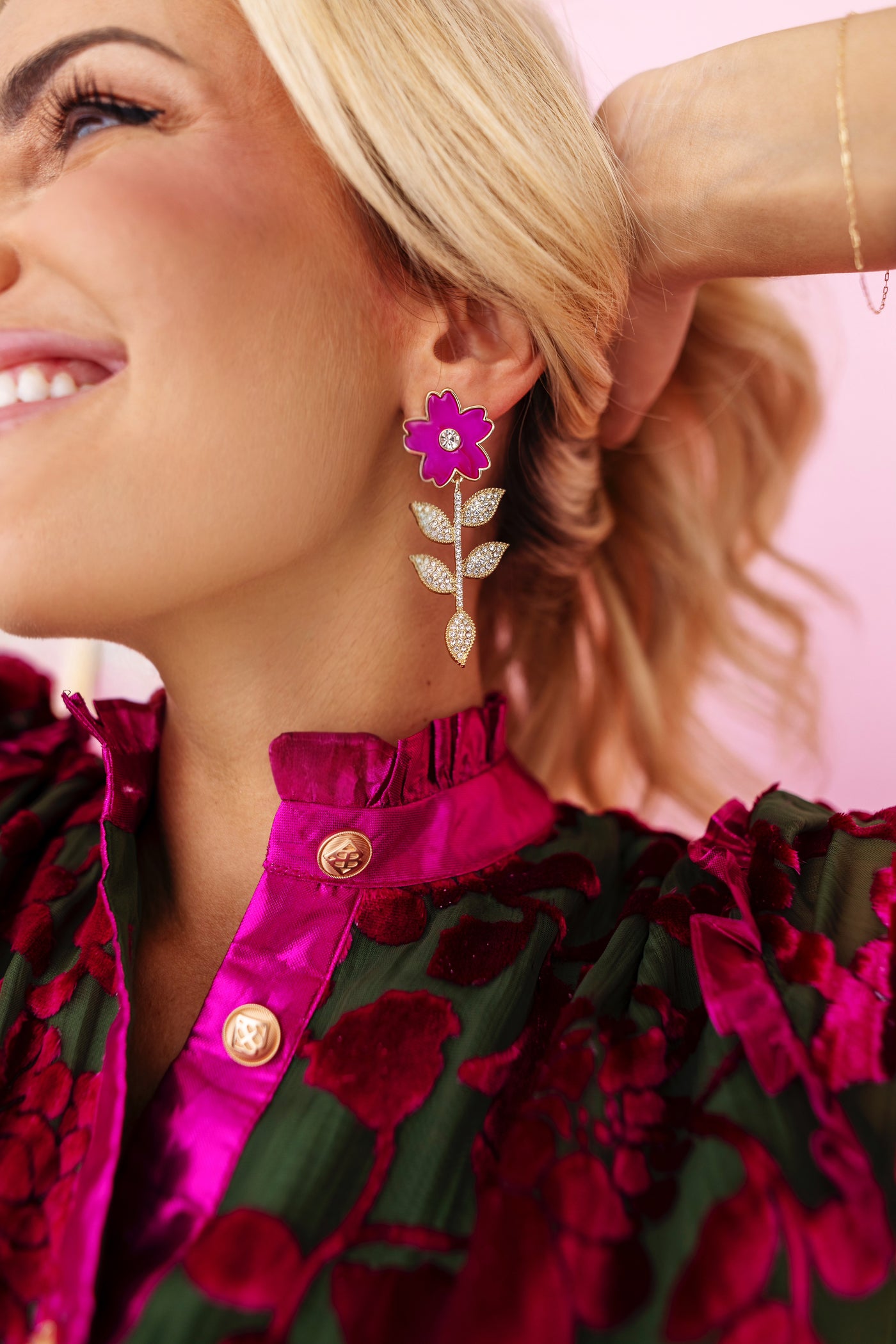 Pink Flower Earrings With Crystal Stem