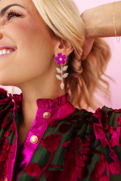 Pink Flower Earrings With Crystal Stem