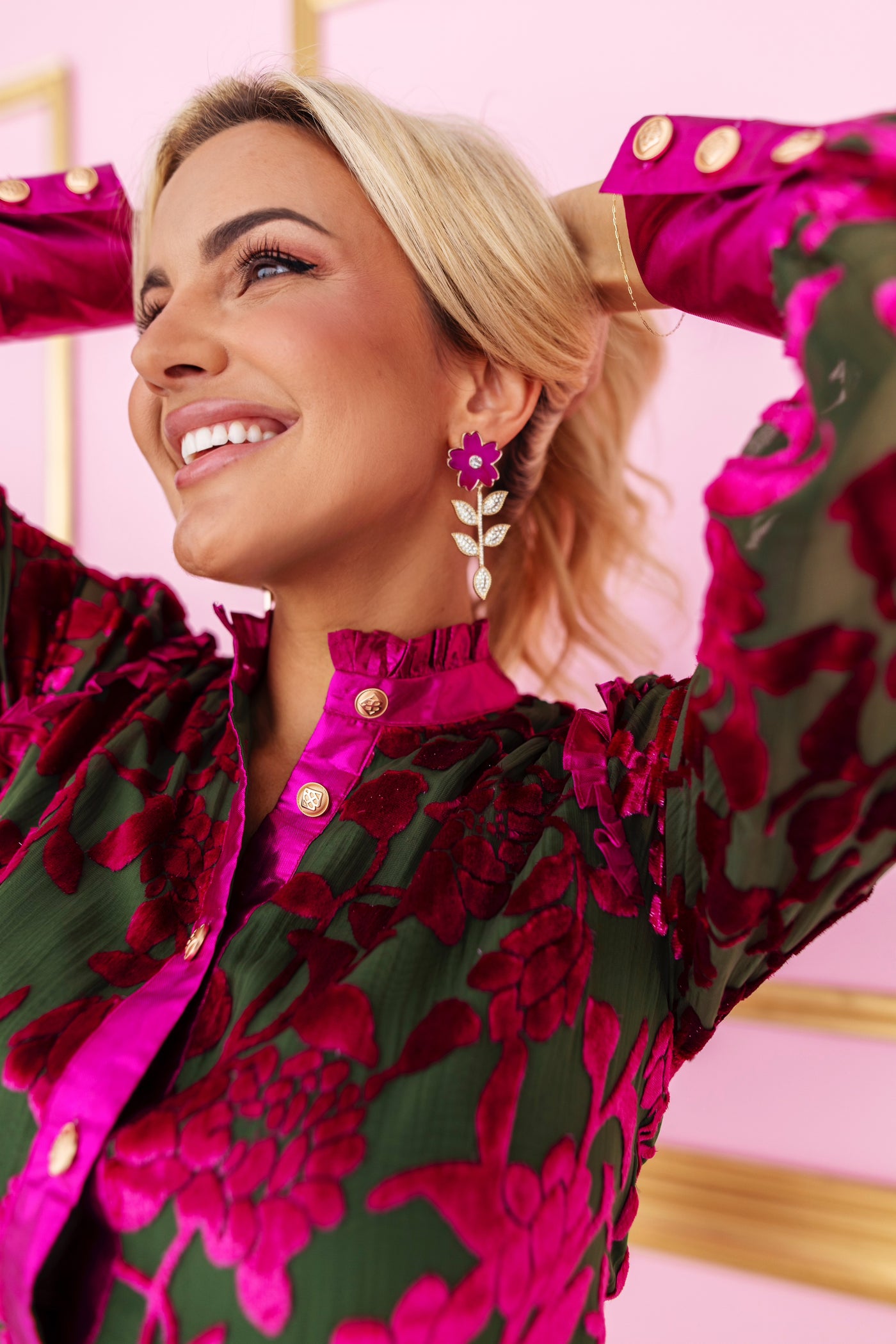 Pink Flower Earrings With Crystal Stem