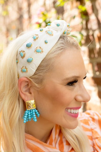 White Twill Headband with Turquoise and Gold Crabs