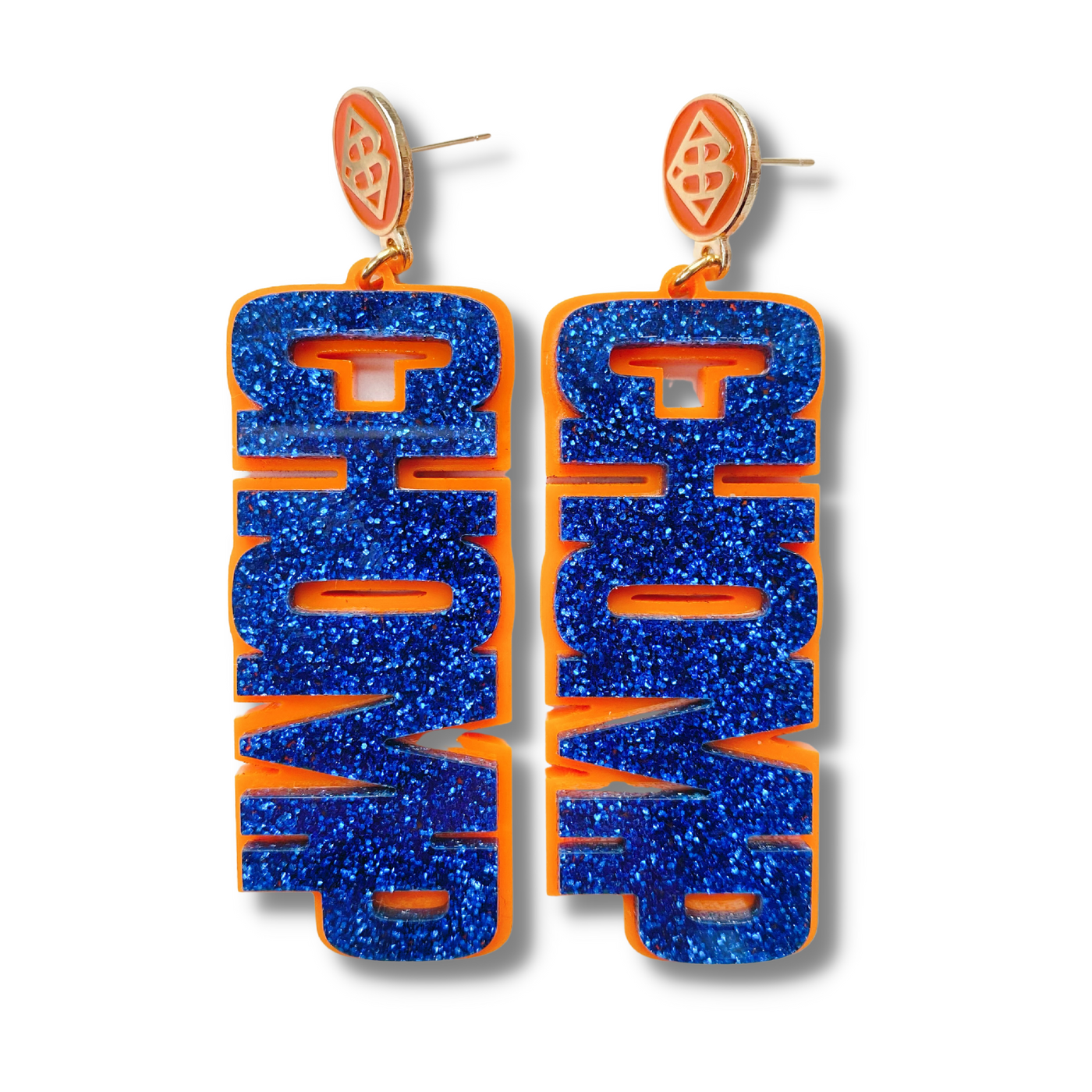 Florida - Blue Glitter CHOMP CHOMP Earrings over Orange with Orange Logo Top