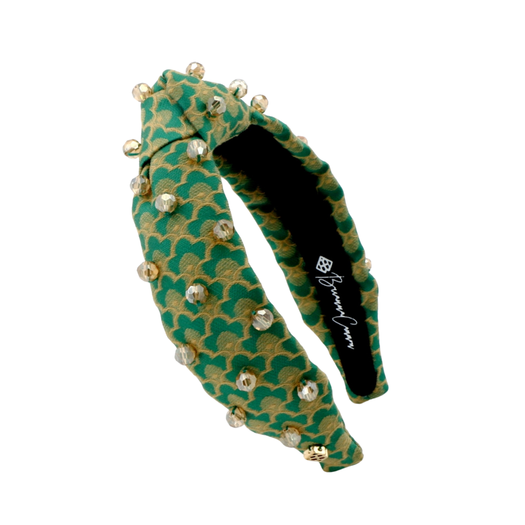 Child Size Green Scalloped  Headband with Gold Beads