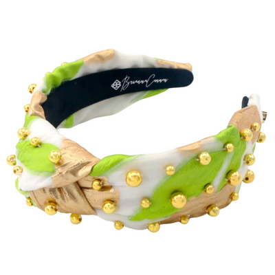 Adult Size Lime Green, White & Gold Headband With Gold Beads