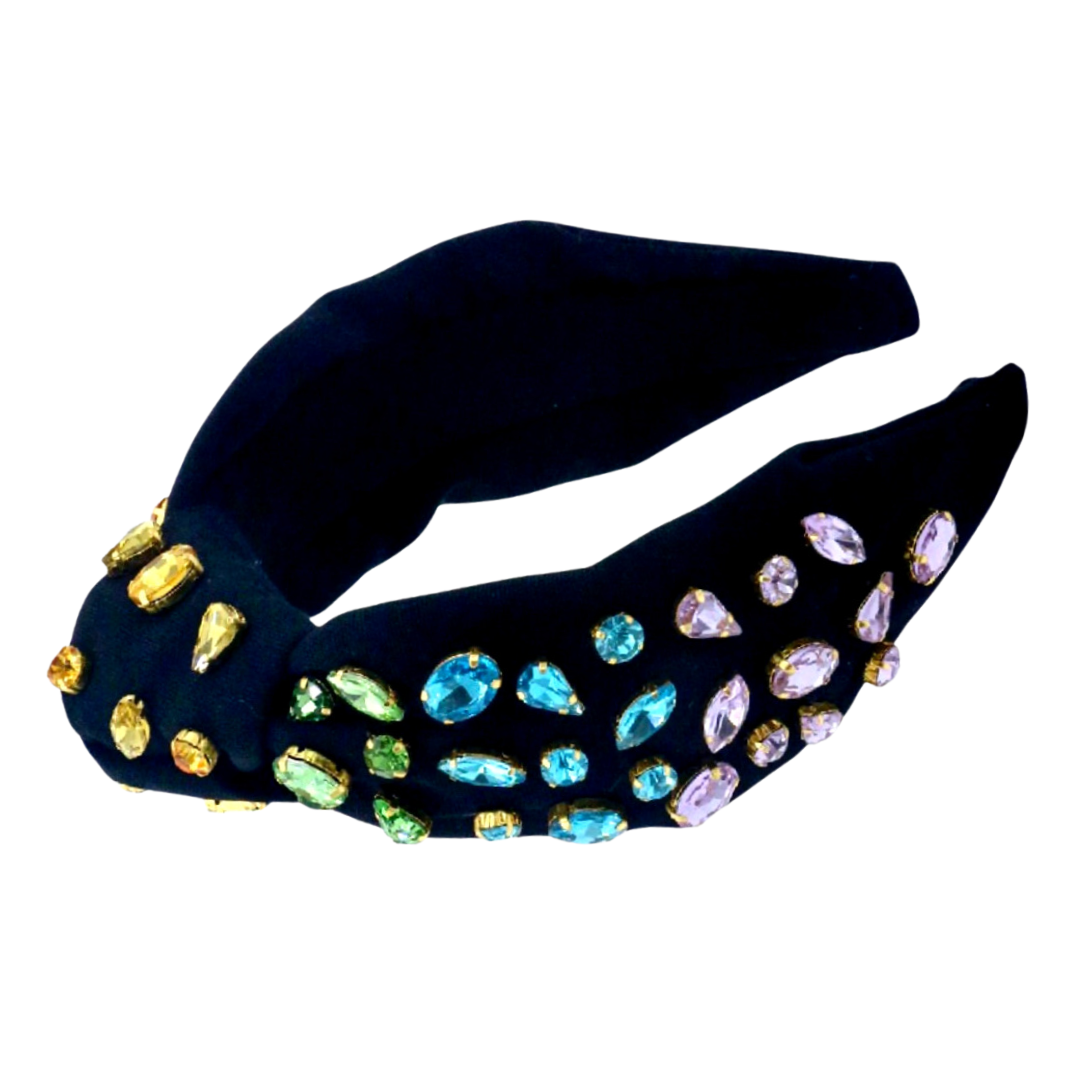 Adult Black Headband with Rainbow Gradient Hand-Sewn Crystals