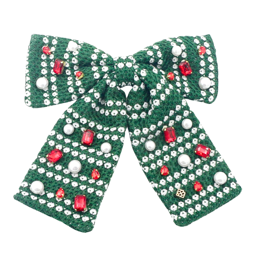 Green & White Knit Winter Bow Barrette with Crystals & Pearls