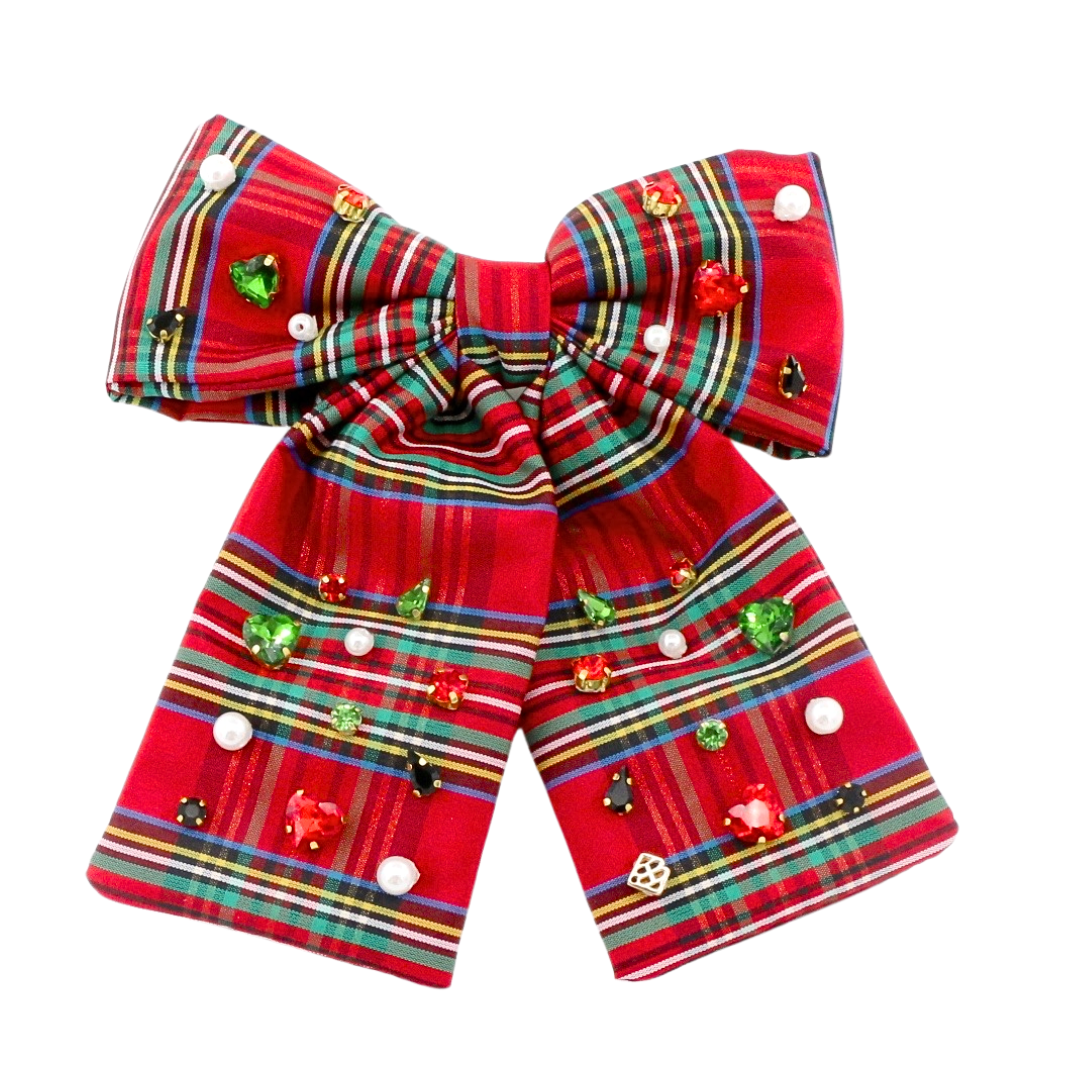 Tartan Plaid Bow Barrette with Crystals and Pearls