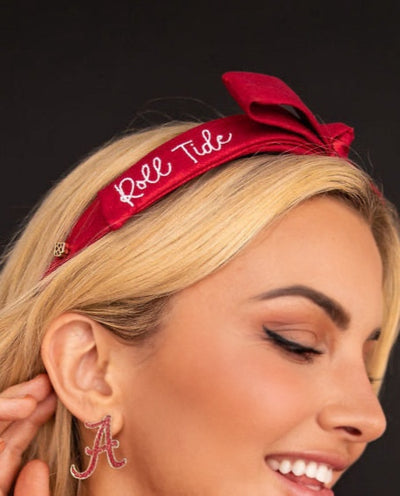 Alabama Crimson Thin Embroidered Ribbon Bow Headband