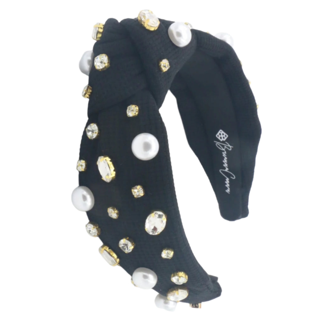 Black Twill Headband with Large Pearls and Crystals 