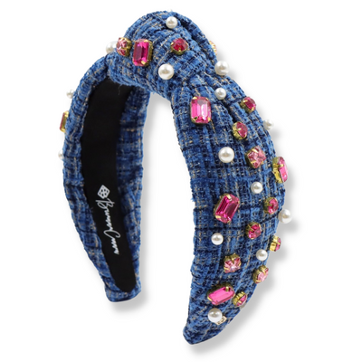 BC x Stylin Brunette - Blue Tweed Headband with Hot Pink Crystals & Pearls