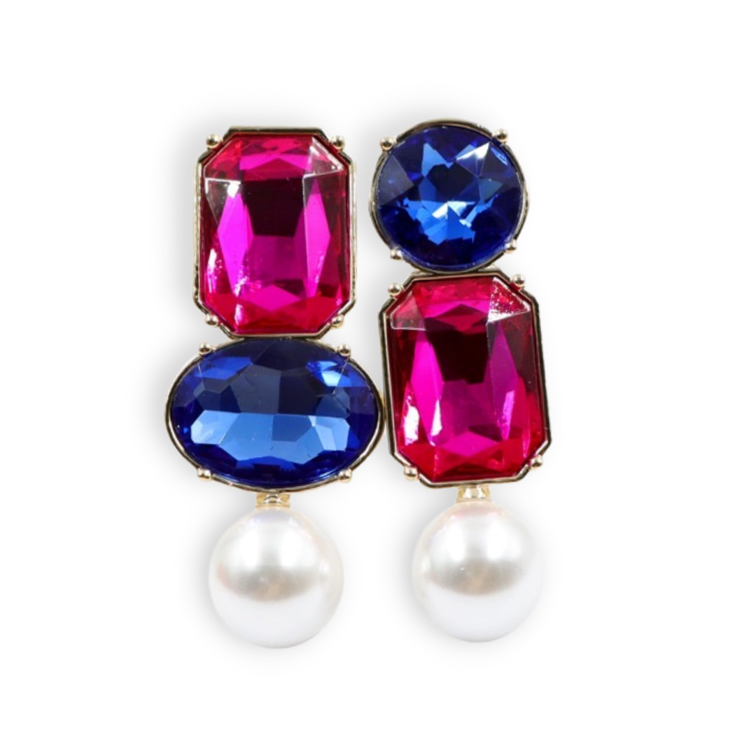 BC x Stylin Brunette - Hot Pink & Blue Jewel & Pearl Earrings