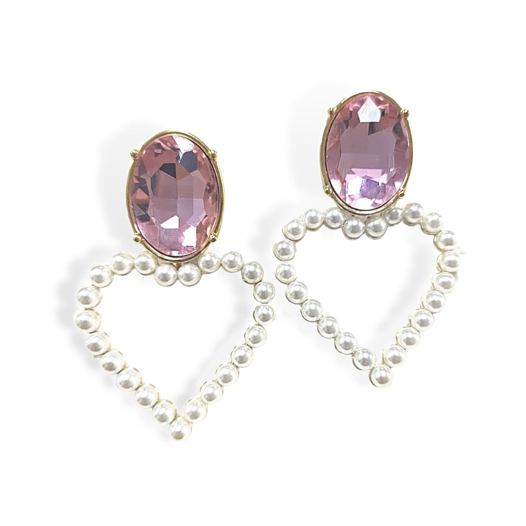 BC x Stylin Brunette -  Blush Pink Jewel & Pearl Heart Earrings