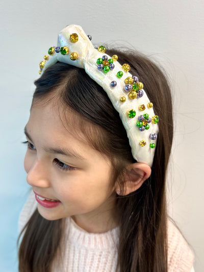 Child Size White Shimmer Mardi Gras Headband with Beads & Crystals