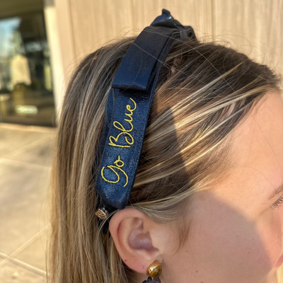 Michigan Navy Thin Embroidered Ribbon Bow Headband