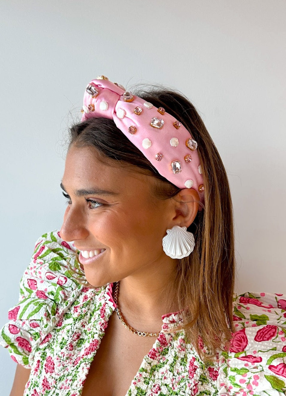 Pink Satin Headband With Shells and Crystals