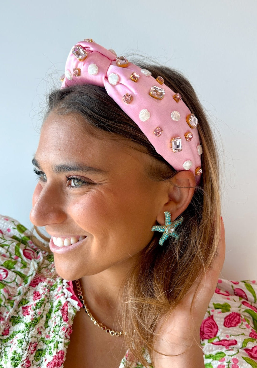 Pink Satin Headband With Shells and Crystals