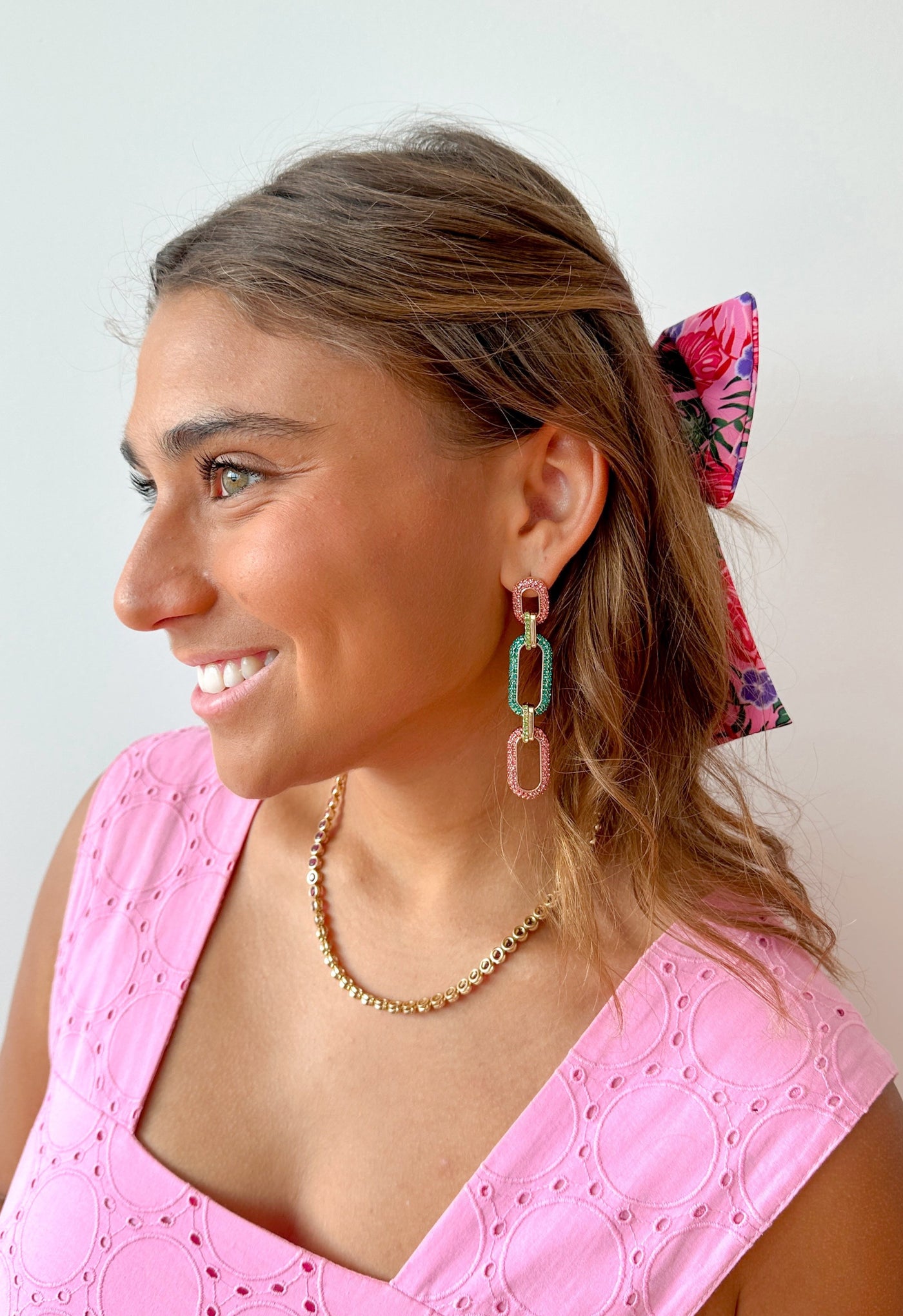 Pink & Green Crystal Link Drop Earrings