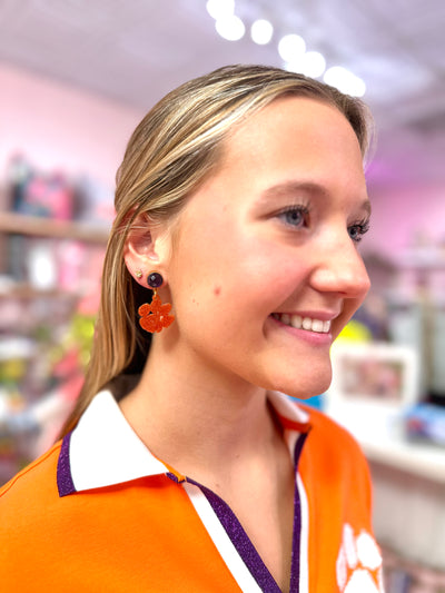 Clemson Mini Orange Glitter Paw Earrings