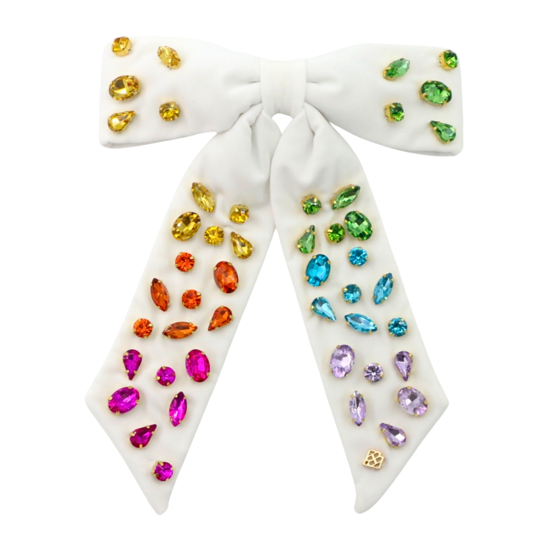 Ivory Rainbow Gradient Bow Barrette with Hand Sewn Crystals