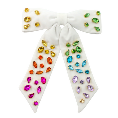 Ivory Rainbow Gradient Bow Barrette with Hand Sewn Crystals