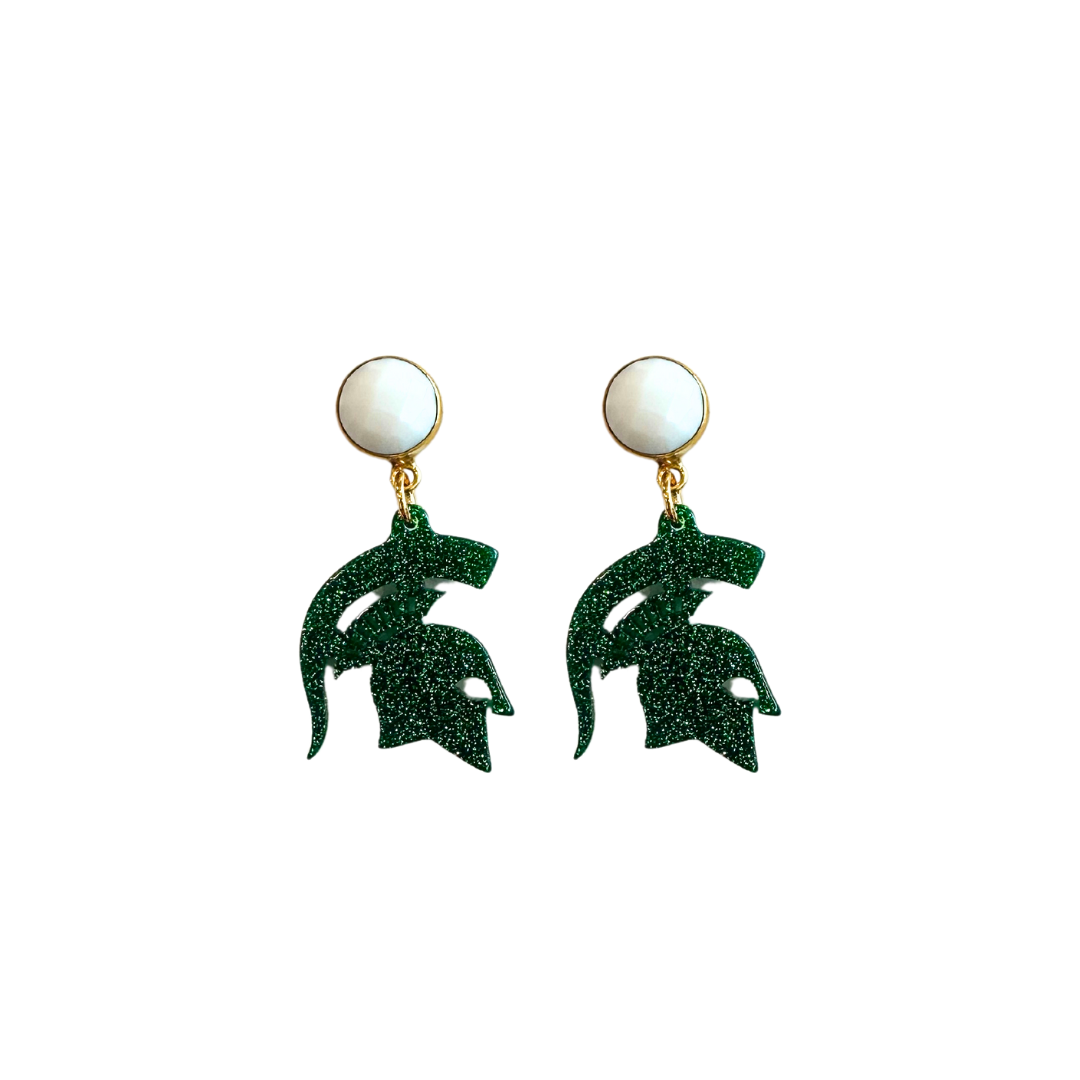 Michigan State Mini Green Glitter Spartan Logo Earrings