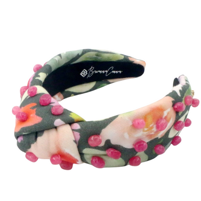 Adult Size Mossy Floral Headband with Pink Beads