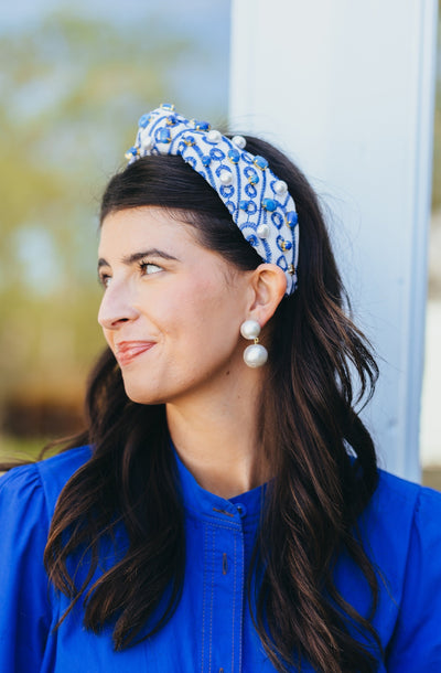 Adult Size Blue & White Mykonos Eyelet Headband