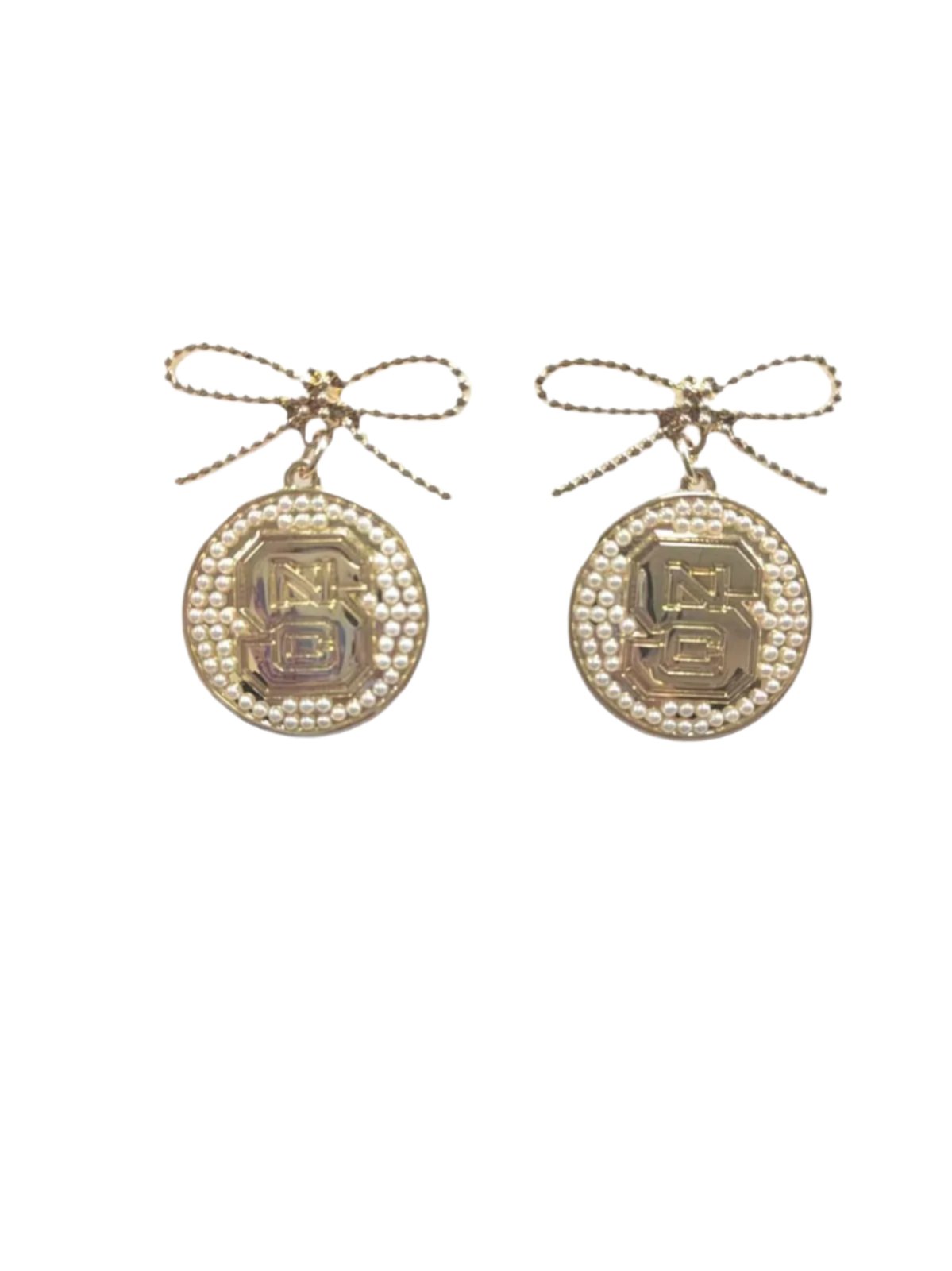 NC State Pearl Bow Medallion Earrings PRE-ORDER (Est Ship 10/23)