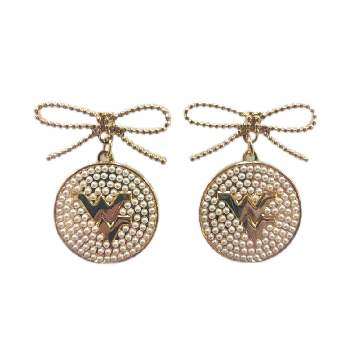 West Virginia Pearl Bow Medallion Earrings