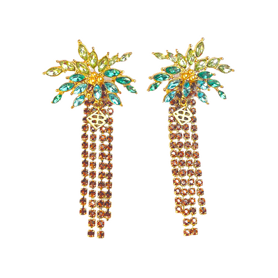 Palm Tree Earrings with Rhinestone Fringe