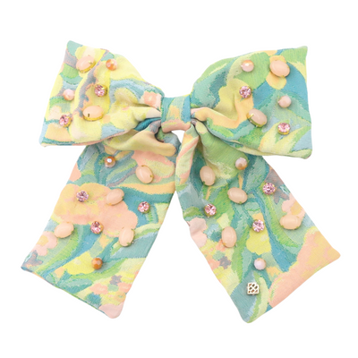 Peach & Green Floral Barrette Bow With Cabochons & Crystals