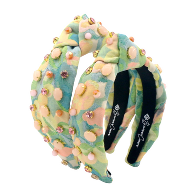 Child Size Peach & Green Floral Headband With Cabochons & Crystals