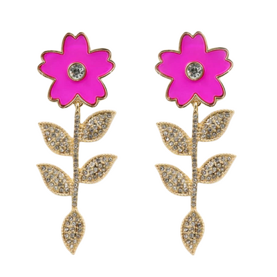 Pink Flower Earrings With Crystal Stem