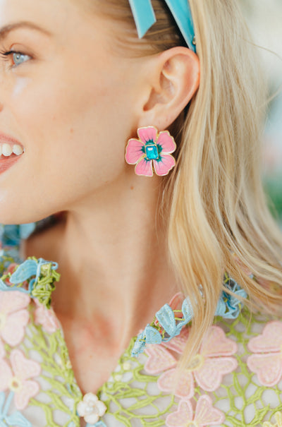 Hand Painted Pink and Blue Hibiscus Earring