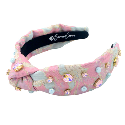 Adult Size Pink & Blue Brocade Headband with Crystals & Stones
