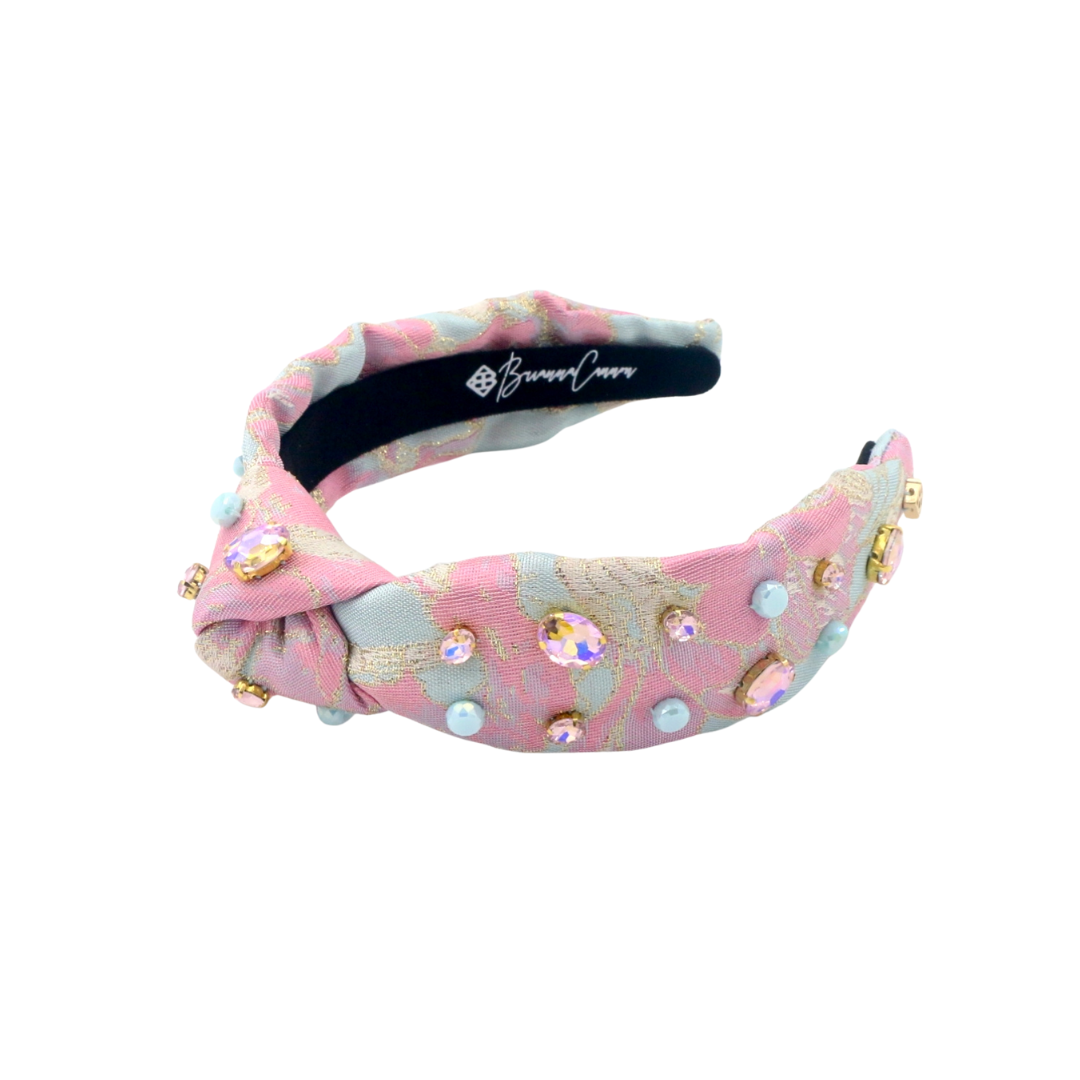 Child Size Pink & Blue Brocade Headband With Crystals & Stones