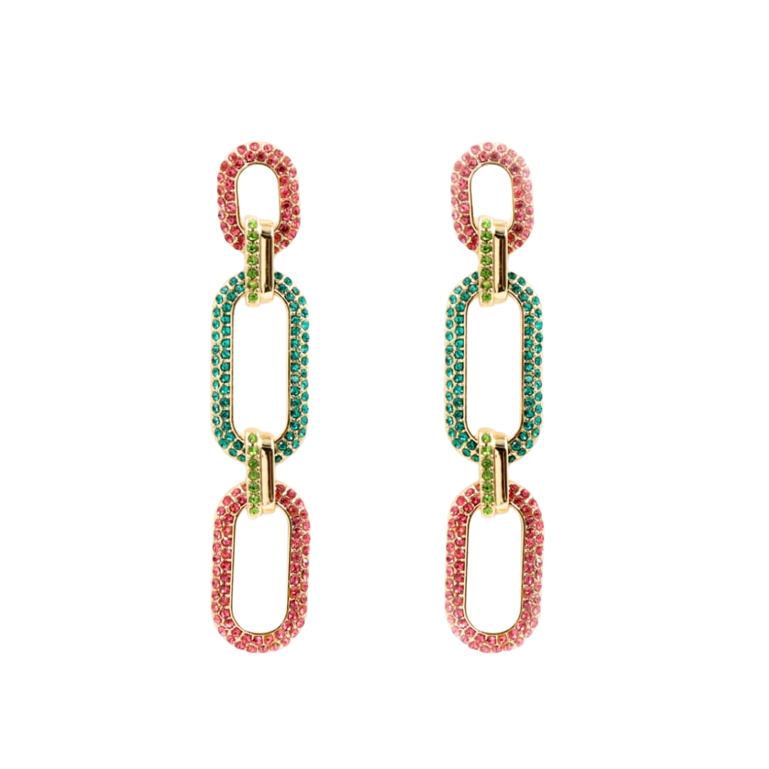 Pink & Green Crystal Link Drop Earrings