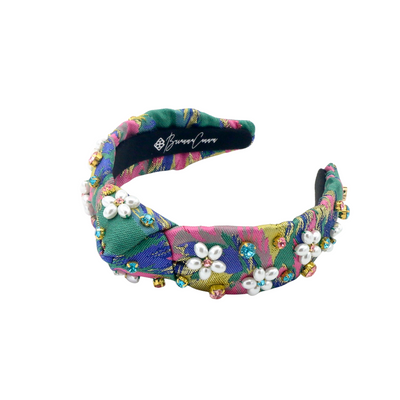 Child Size Pink & Green Spring Brocade Headband with Pearl Flowers & Crystals