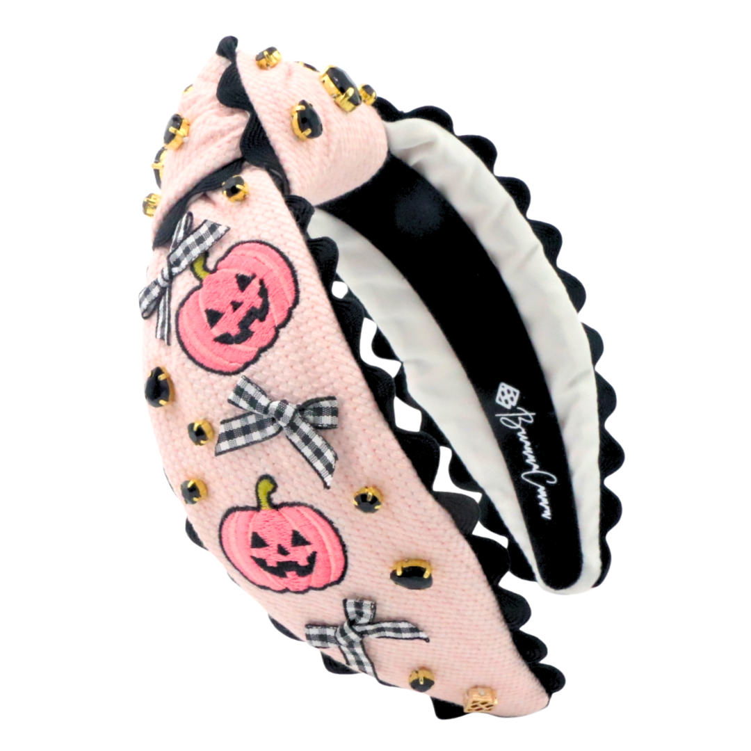 Adult Size Pink Cross-Stitch Halloween Headband with Embroidered Pumpkins