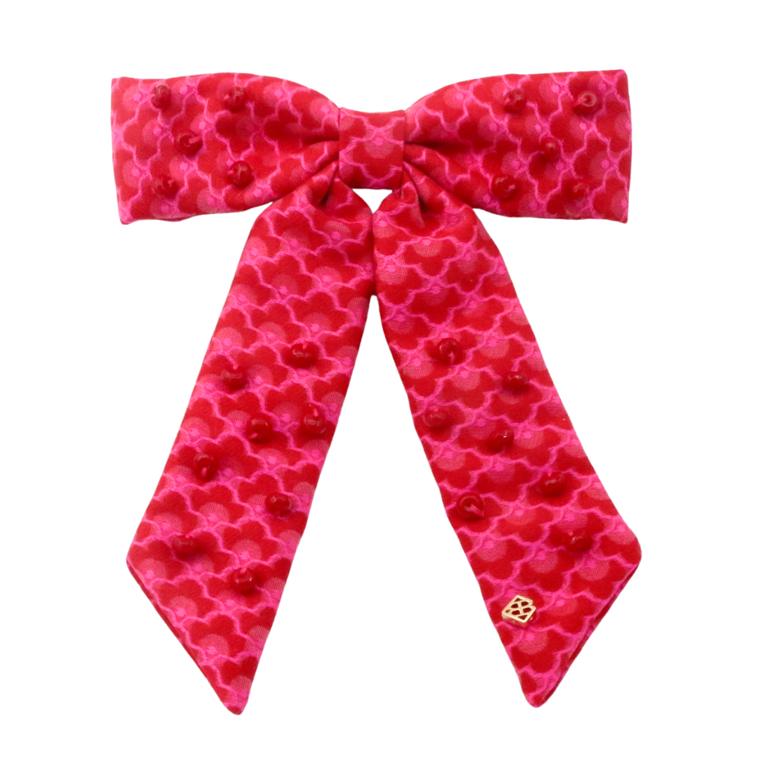 Pink Scalloped Bow Barrette With Pink Beads