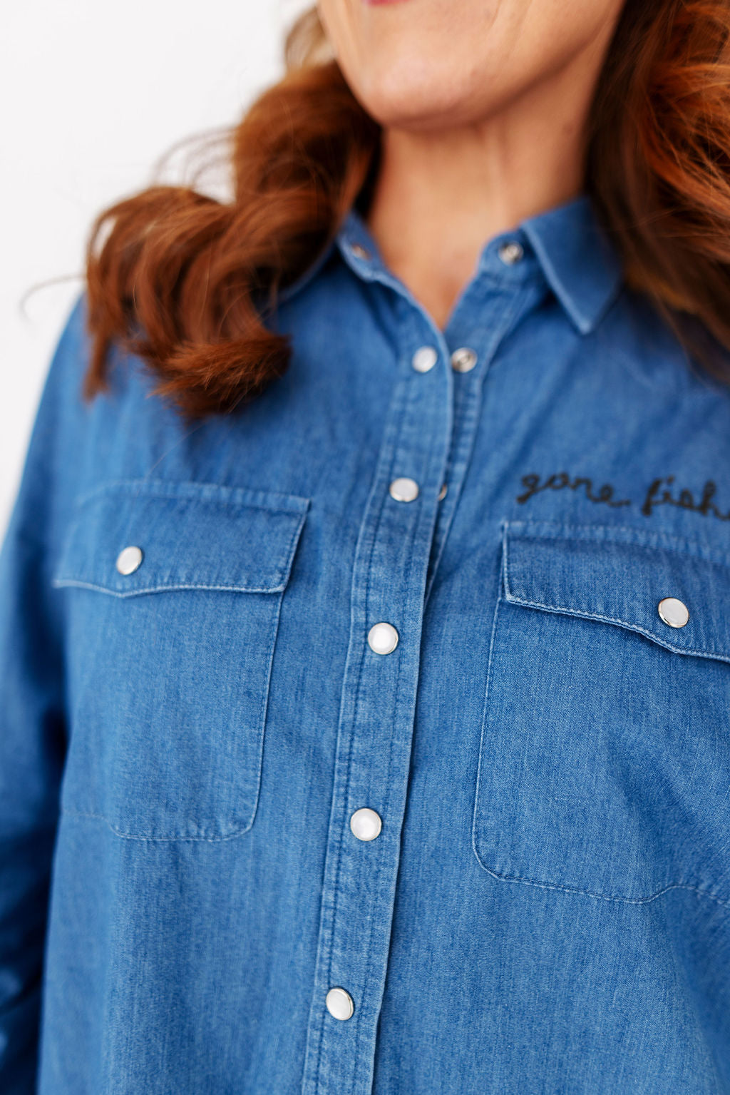 Gone Fishin' Denim Pearl Snap Shirt