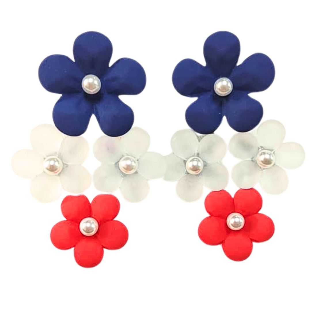 Blue, White & Red Flower Drop Earrings