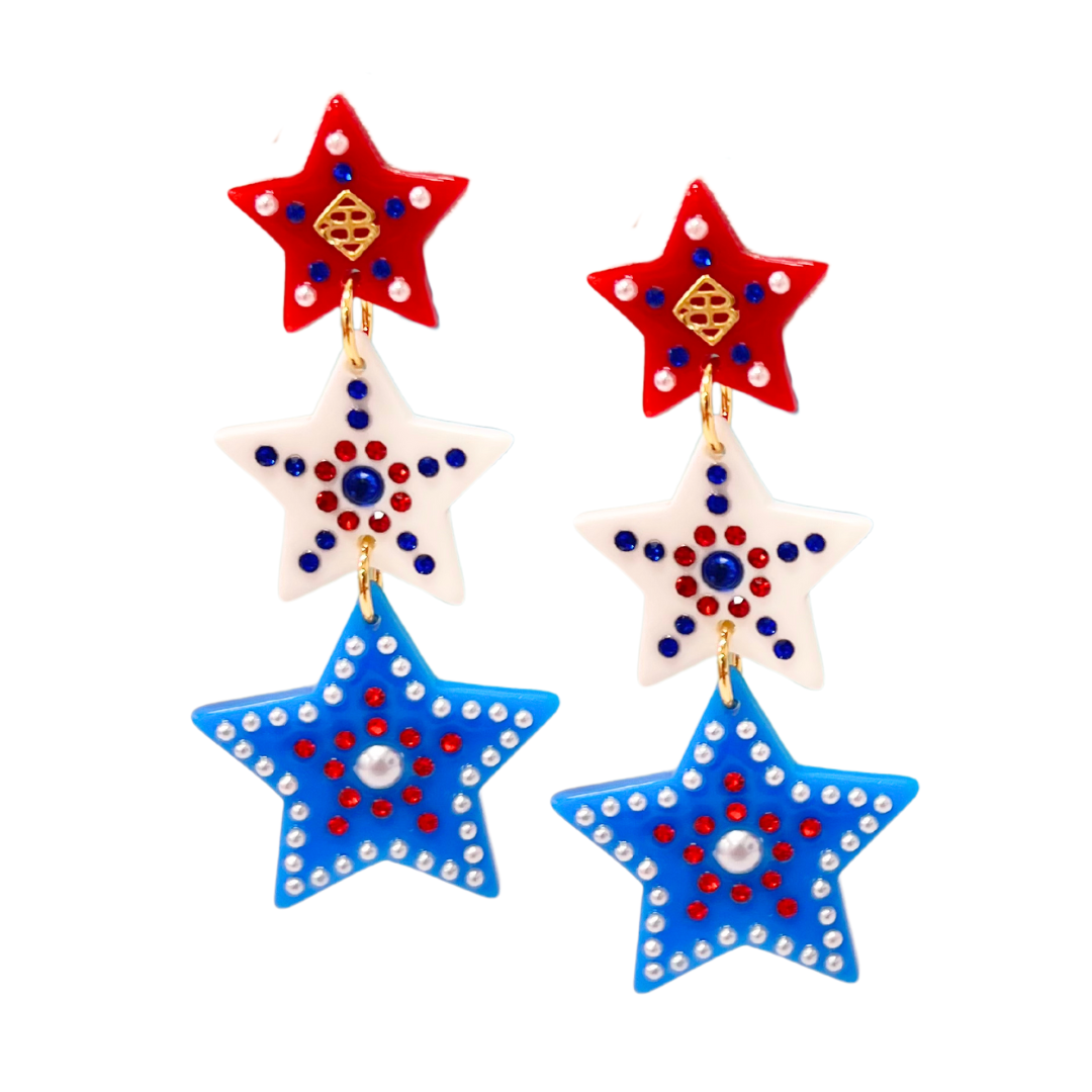 Red, White & Blue Star Earrings with Crystals and Pearls
