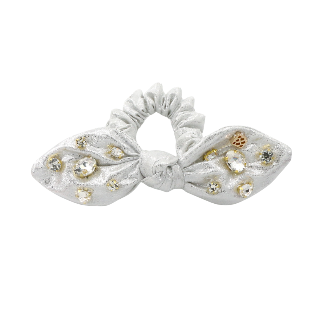 Shimmer Bow Scrunchie with Hand Sewn Crystals in Silver PRE-ORDER (Est. Ship 9/27)