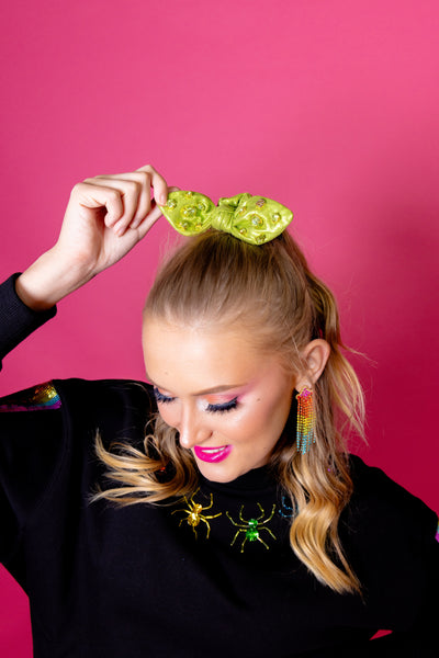 Shimmer Bow Scrunchie with Hand Sewn Crystals in Green PRE-ORDER (Est. Ship 9/27)